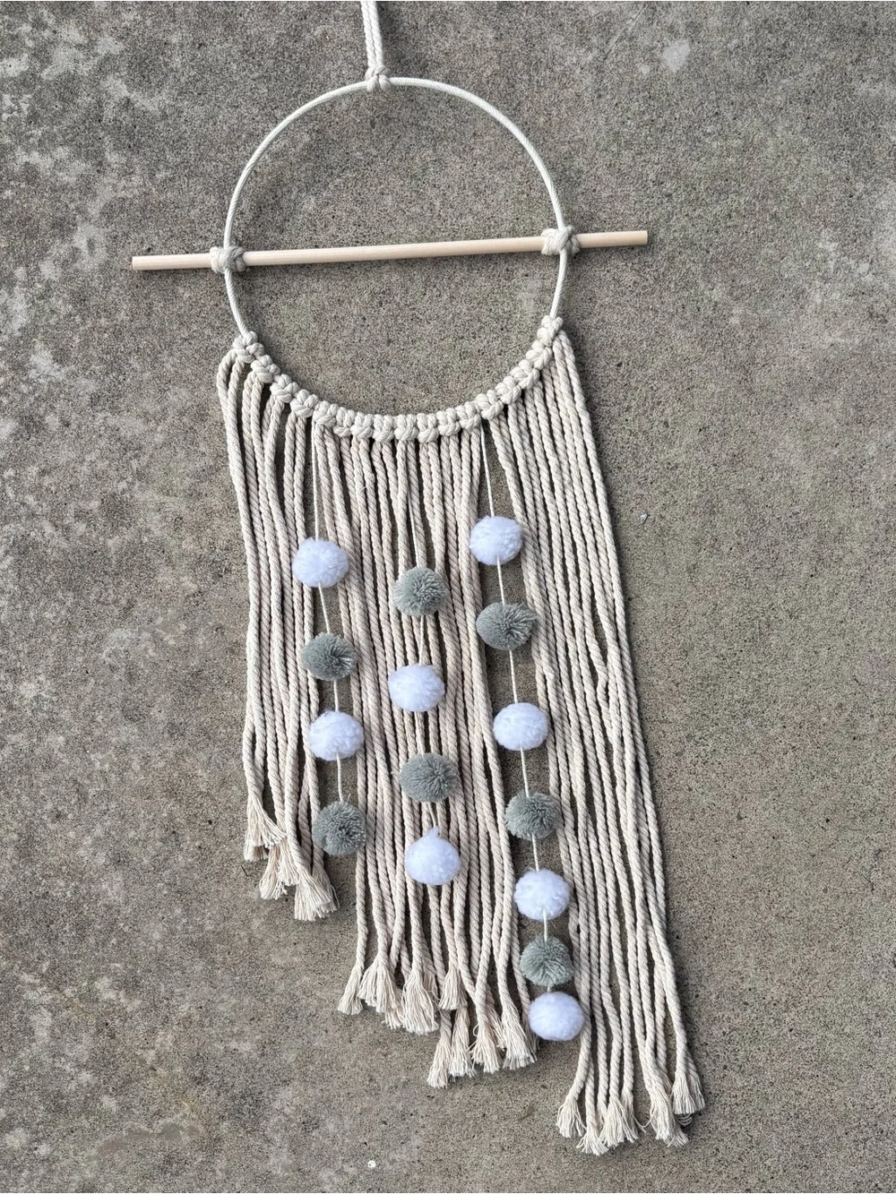 Boho Neutral Macramé Wall Hanging with White and Gray Pom Poms